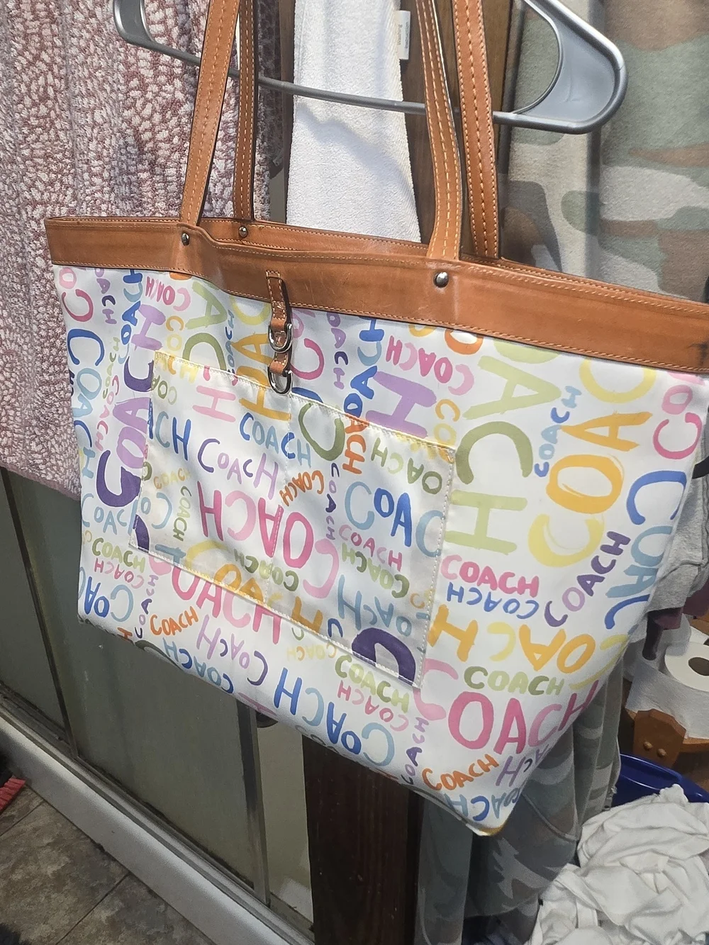 COACH Multicolor Striped Canvas Tote with Tan Leather Trim